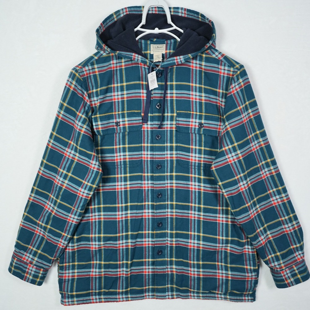 LL Bean Mens Fleece Lined Flannel Shirt Jacket Admiral Blue Plaid Hooded Large - Picture 2 of 7